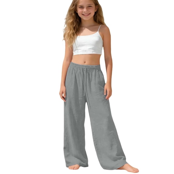 Girls Cotton Linen Pants for Girls Wide Leg Drawstring Pant Casual Summer Beach Sweatpants Palazzo Flowy Boho Dress Trousers