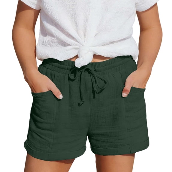 Girls Cotton Linen Shorts - High Waisted Elastic Drawstring Summer Beach Shorts with Pockets Loose Fit Casual Joggers (Dark Green/110)