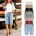 thumbnail image 1 of Girls Cotton Linen Shorts Knee Length Summer Casual Elastic Waist Bermuda Shorts Cropped Pants for Beach Black 11-12Years, 1 of 6