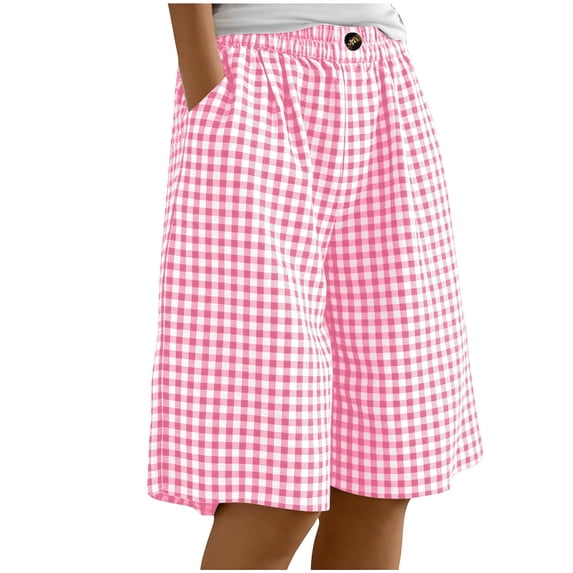 Girls Cotton Linen Shorts, Plaid Button Elastic Waist Bermuda Shorts with Pockets, Loose Fit Casual Summer Bottoms for Girls 4-14 Years