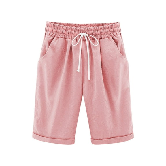 Girls Cotton Linen Shorts Summer Casual Drawstring Elastic Waist Comfy Short Pants with Pockets (12-13 Years, Pink)