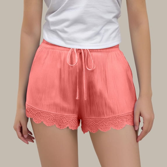 Girls Cotton Linen Shorts, Summer Cute Lace Patchwork Comfy Elastic High Waist Yoga Dance Shorts for Beach Vacation Casual 11Y