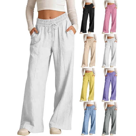Girls Cotton Linen Wide Leg Pants Kids Drawstring Loose Fit Casual Fashion Long Pants with Pockets