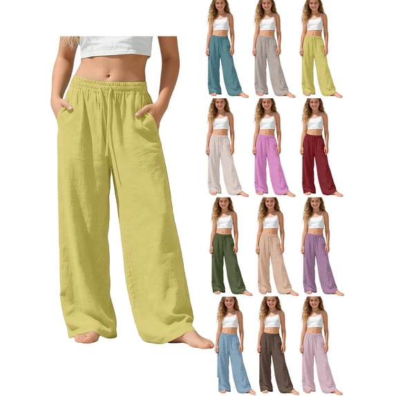 Girls Cotton Linen Wide Leg Pants Kids Drawstring Loose Fit Casual Fashion Long Pants with Pockets