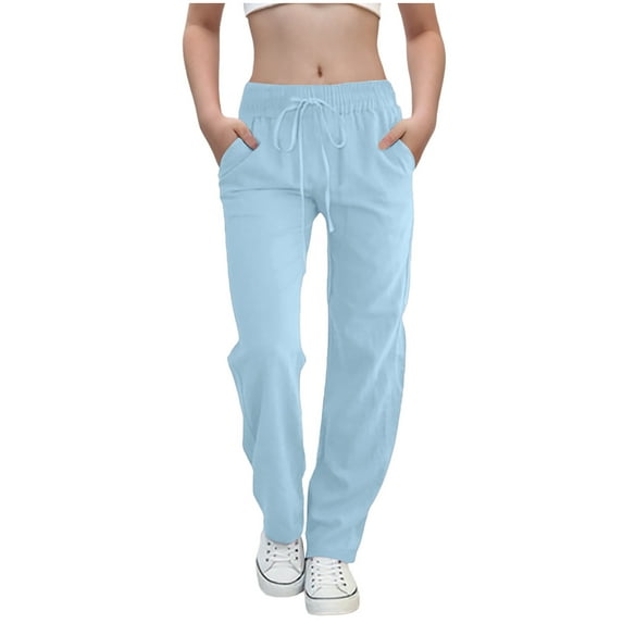 Girls Cotton Linen Wide Leg Pants Loose Fit Palazzo Pants for Girls Kids Casual Drawstring Elastic Waist Beach Trousers 6-14Y