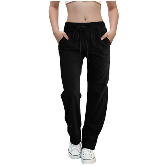 Girls Cotton Linen Wide Leg Pants Loose Fit Palazzo Pants for Girls Kids Casual Drawstring Elastic Waist Beach Trousers 6-14Y