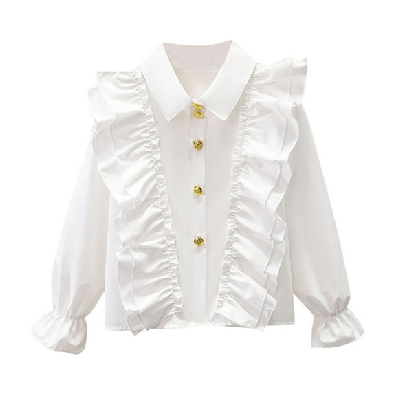 Girls' Cotton Long Sleeve Button Up Shirt 4-15 Years Princess Soft Lightweight Ruffle Cute Blouses (12 Years, White 03)
