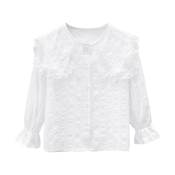 Girls' Cotton Long Sleeve Button Up Shirt 4-15 Years Princess Soft Lightweight Ruffle Cute Blouses (4 Years, White 01)