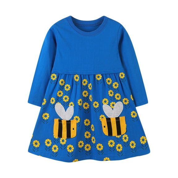 Girls Cotton Long Sleeve Dress Casual Cartoon Party Dresses Blue 3-4 Years