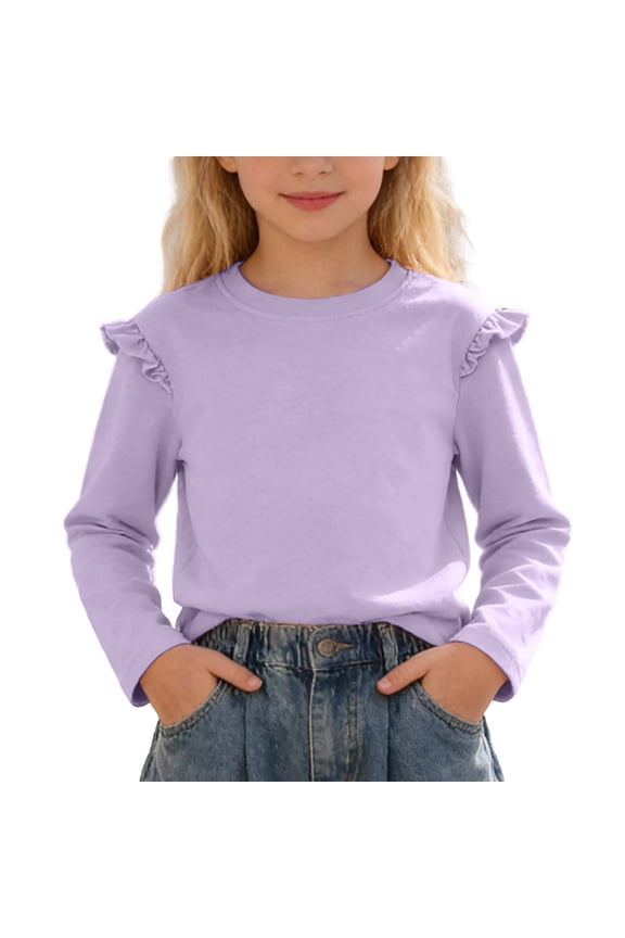 Girls Cotton Long Sleeve T Shirts Kids Solid Ruffle Shoulder Tops 4-14Y Spring Fall Casual Tees Daily Wear