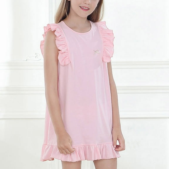 Girls Cotton Nightgowns Size 2-14 Cute Ruffle Sleeveless Pajama Dresses Teens Kids Lightweight Solid Loose Crewneck Loungewear Mini Dress