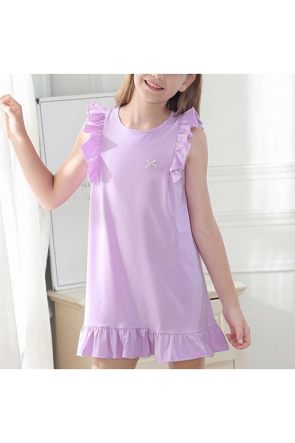 Girls Cotton Nightgowns Size 2-14 Cute Ruffle Sleeveless Pajama Dresses Teens Kids Lightweight Solid Loose Crewneck Loungewear Mini Dress