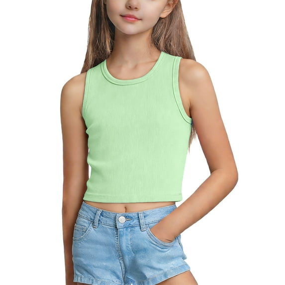 Girls Cotton Ribbed Tank Top | Soft Cropped Sleeveless Shirt for Kids | Summer Play Clothes & Everyday Casual Top for Kids Big Girl Youth (Green),Size 9-10T