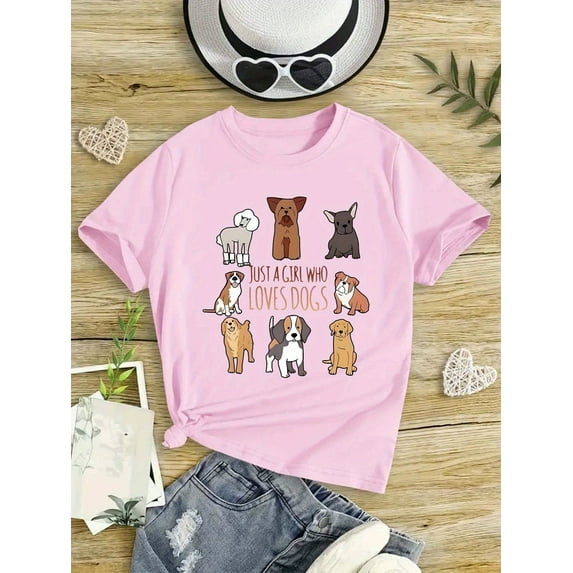 Girls' Cotton Round Neck T-Shirt - Cute Cartoon Dog Graphic & "Just a Girl Who Loves Dogs" Print, Pink Casual Spring/Summer Top, Regular Fit, Dog Tshirt, Springtime Clothing, Mediumstretch Material