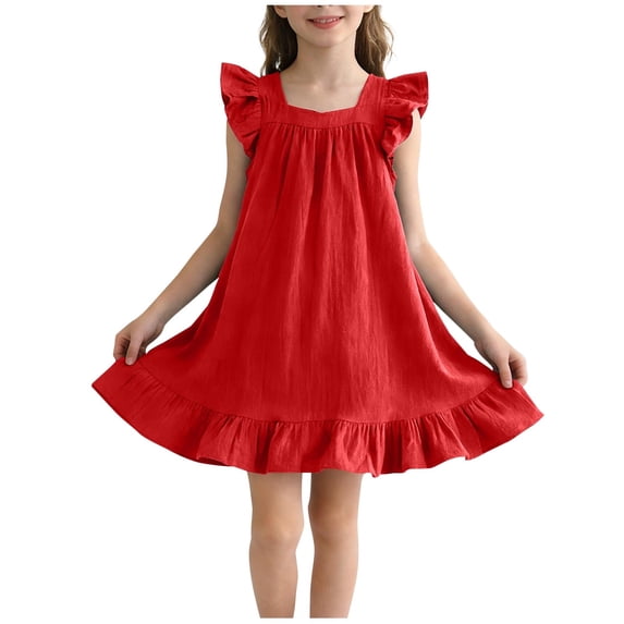 Girls Cotton Ruffle Dress Square Neck Short Sleeve Back Bow Casual Summer Sundress for Kids Little Girl Red,Size 6-7 T