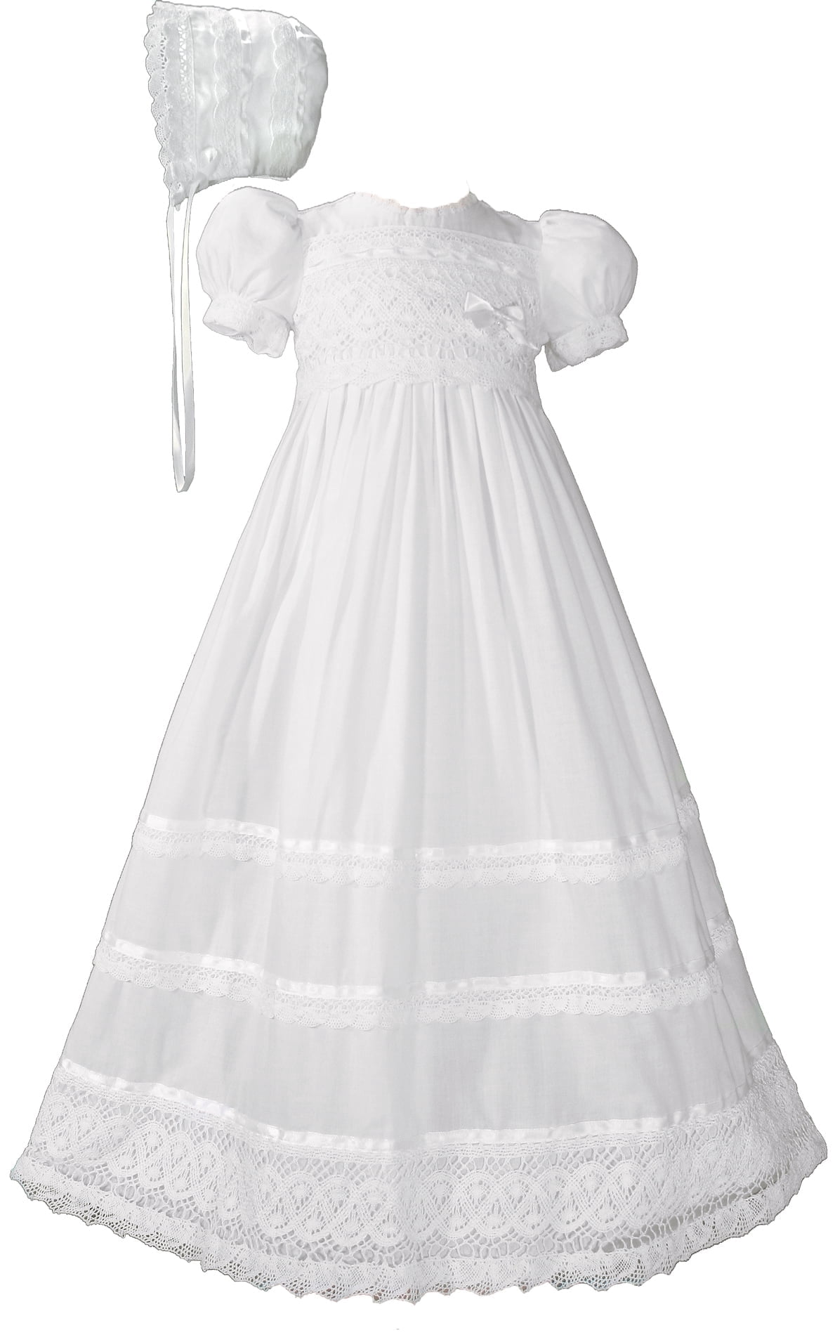 Girls Polycotton Short Sleeve Dress Christening Baptism Gown with Lace and Ribbon (3 Month Baby)