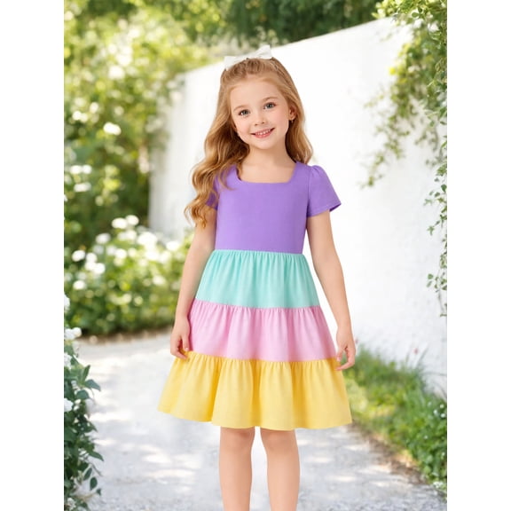 HILEELANG Toddler Girls 2-8T 100% Cotton Tiered Dress Pastel Colorblock Short Sleeve Casual Dress Size 2T