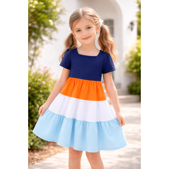 HILEELANG Little Girls 2-8T 100% Cotton Tiered Colorblock Dress Navy Colorblock Short Sleeve Casual Dress Size 6