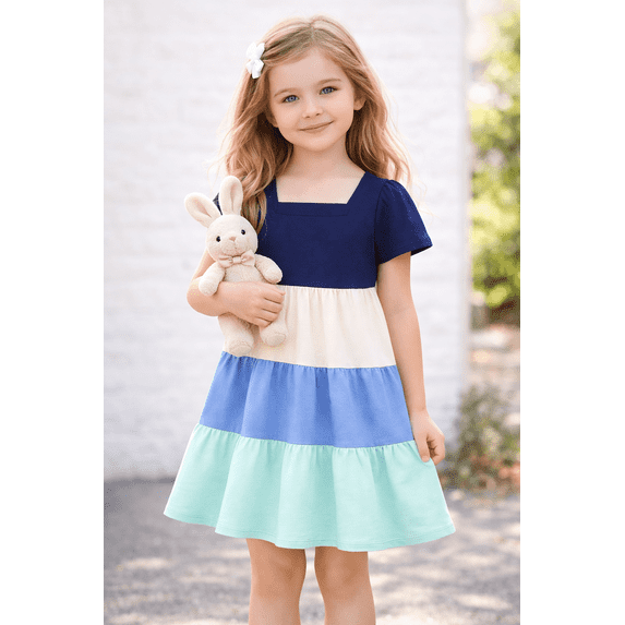 HILEELANG Little Girls 2-8T 100% Cotton Tiered Dress Navy Colorblock Short Sleeve Casual Dress Size 6