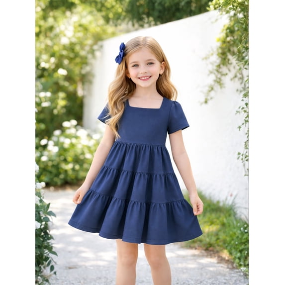HILEELANG Toddler Girls 2-8T 100% Cotton Tiered Dress Solid Navy Short Sleeve Casual Dress Size 4T