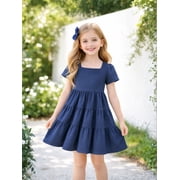 Toddler Girls 2-8T 100% Cotton Tiered Dress Solid Navy Short Sleeve Casual Dress Size 5T