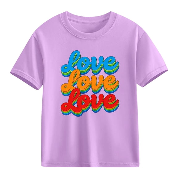 Girls Cotton Short Sleeve T-Shirt Kids Love Rainbow Graphic Tee Soft Casual Top for Girls 4-12, Purple,Size 4 T