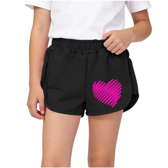 Girls Cotton Shorts Elastic High Waist Heart Printing Short Pant Kids Loose Casual Cute Going Out Athletic Running Summer Shorts