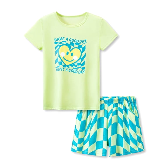 Beezizac Girls Cotton Sleepover Pajama Set for Little & Big Girls Blue Checker Short Sleeve Set 2-Piece PJ Size 12