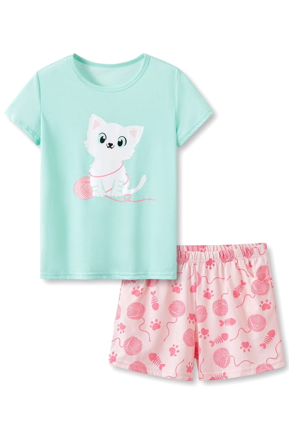 Girls Cotton Sleepover Pajama Set for Little & Big Girls Green & Pink Cat Short Sleeve Set 2-Piece PJ Size 10