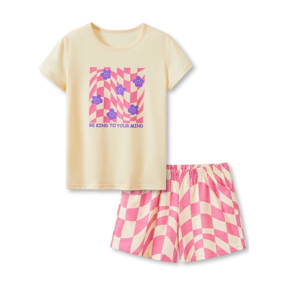 Beezizac Girls Cotton Sleepover Pajama Set for Little & Big Girls Pink Checker Short Sleeve Set 2-Piece PJ Size 10