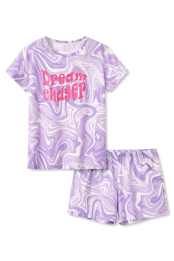 Girls Cotton Sleepover Pajama Set for Little & Big Girls Purple Marble Short Sleeve Set 2-Piece PJ Size 12