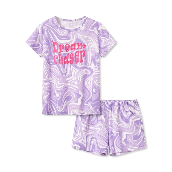 Beezizac Girls Cotton Sleepover Pajama Set for Little & Big Girls Purple Marble Short Sleeve Set 2-Piece PJ Size 18