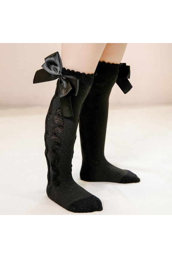 Girls Cotton Socks Girls Knee High Socks with Bows - Cotton School Uniform Long Socks Girls Socks Black 6M