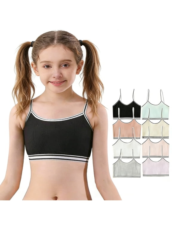 Girls Cotton Stretch Seamless Training Bra, Spaghetti Strap Cami Crop Bralette with Striped Vest, Breathable for Tweens