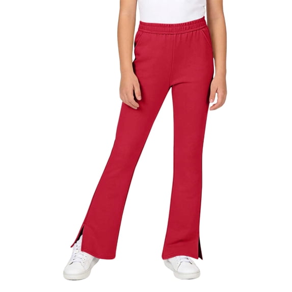 Girls Cotton Stretch Split Hem Flared Pants, Elastic Waist Slim Fit Solid Color Kids Micro Bell Bottom Trousers for Spring Autumn Daily Casual Wear(Red,9-10 Years)