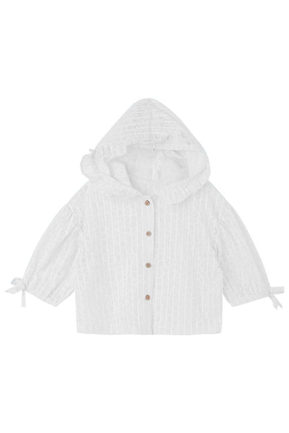 Girls Cotton Sun Protection Hooded Jacket, Toddler Ruffle Striped Floral Lightweight Summer Sweet Outerwear with Bow Cuffs White 2-3 Years