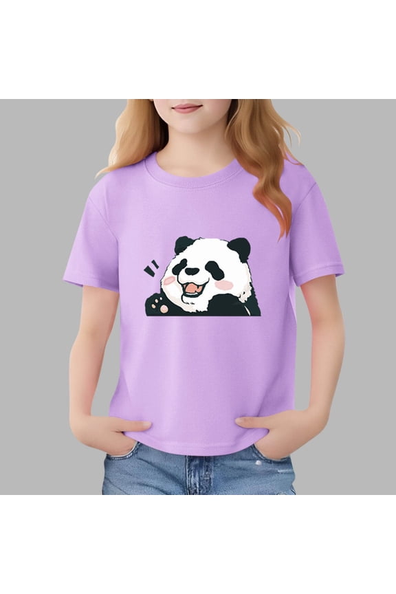 Girls' Cotton T-Shirt with Panda Graphic, Purple Short Sleeve Cartoon Tee for Kids Kids Kids 2-13 Years, Soft Casual Play Top,Size 11-12 T
