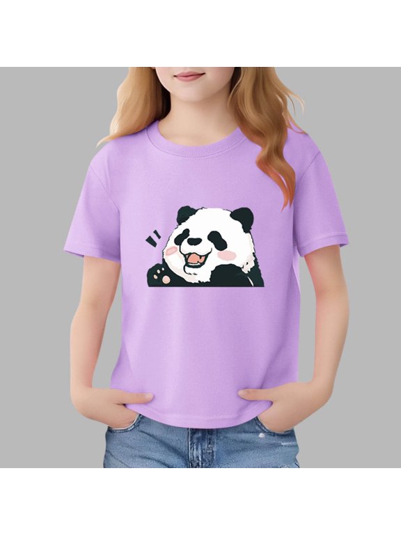 Girls' Cotton T-Shirt with Panda Graphic, Purple Short Sleeve Cartoon Tee for Kids Kids Kids 2-13 Years, Soft Casual Play Top,Size 11-12 T