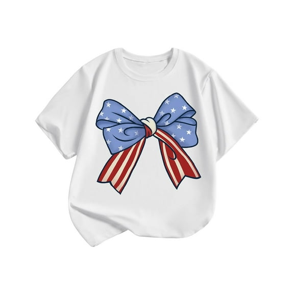 Girls Cotton T-Shirts July 4th Themed Bowknot Print Cute Crewneck Short Sleeve Tops Loose Casual Tees (1 Years, White)