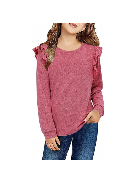 Girls Cotton T Shirts with Ruffle- Crewneck Casual Long Sleeve Fashion Kids Spring Clothes Tops Gray Size 4-12,Red,4