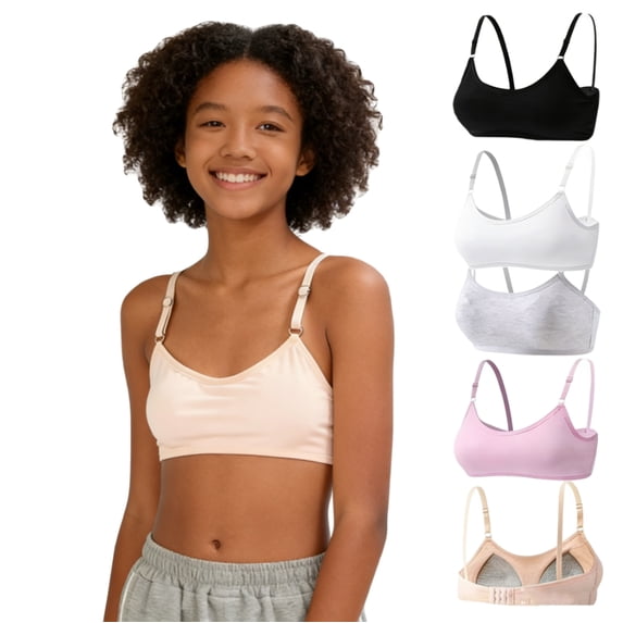 Girls Cotton Teen Bras Wireless Training Bra Lightly Padded Adjustable Straps Back Closure Smooth Stretchy Kids First Bra 10-16 Years