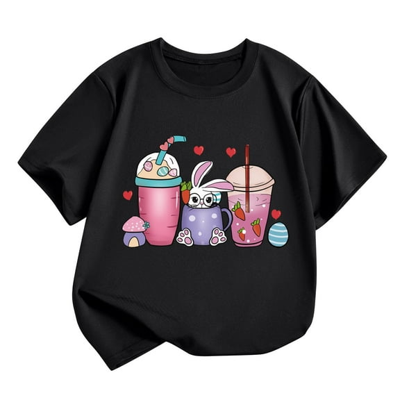 Girls Cotton Tops Summer Clothes Casual Rabbit Holiday T Shirt Loose Short Sleeve Comfort Graphic Tees Cute Blouses, Black, 1 Years
