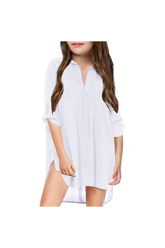 Girls' Cover Ups Long Sleeve Chiffon Beach Tops Lightweight Swim Cover Ups Casual Shirts For Pool Beach Vacation And Outdoor Activities Swimwear For Little Girls Tunics White XXL/(12-13 Years)
