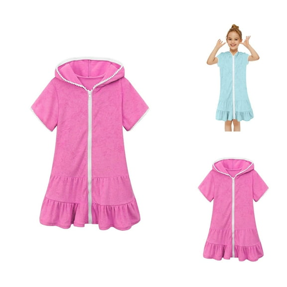 Girls Cover Ups for Swimwear Dresses for Girls Girls Swim Cover Up Hooded Beach Dress Absorbent Bathrobe Zip Up Kids Swimsuit Coverup for Little Girls