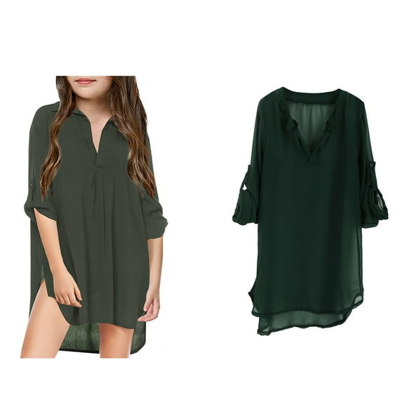 Little Girl's Swimsuit Beach Cover Up V Neck Long Sleeve Chiffon Shirt Bikini Beachwear Child Girl 10-11 Years