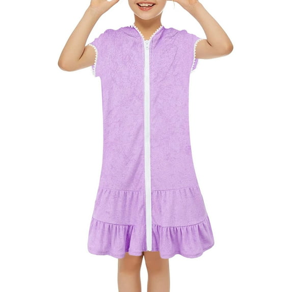 Girls Cover Ups for Swimwear Zip Ups Bathing Suit with Hooded Ruffle Bathrobe Kids Bathrobe for Girls 6-7 Years