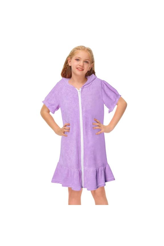 Girls Cover up Zipper Hoodie Dress Terry Beach Swimsuit Short Sleeve Beach Essentials for Kids 8-9 Years