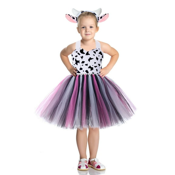 Girls Cow Costume Halloween Tutu Dress Animal Outfits Party with Ears Headband Bowtie Tail