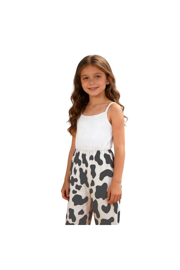 Girls Cow Print Polka Sleeveless Jumpsuit Playful Toddler Romper with Adjustable Straps for Casual Outings Cow Print Spaghetti Sleeveless Full Length Pants Grey 7 Years-8 Years