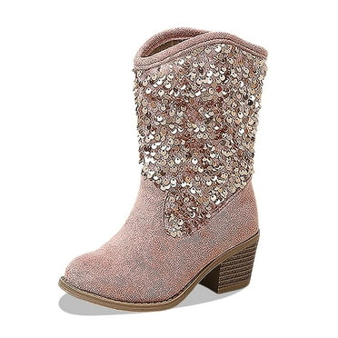 Girls Cowboy Boots Western Glitter Sequin Mid Calf Boots Snip Toe Block Heel Boots Sparkly Cowgirl Boots Light Pink 8-9 Years